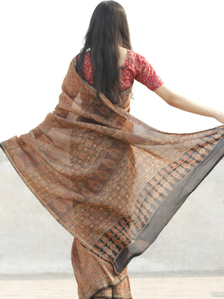 Copper Beige Black  Chanderi Silk Ajrakh Hand Block Printed Saree With Zari Border - S031702633