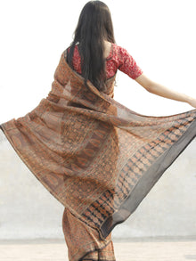 Copper Beige Black  Chanderi Silk Ajrakh Hand Block Printed Saree With Zari Border - S031702633