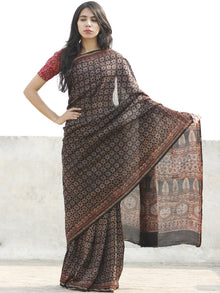 Black Grey Maroon Chanderi Silk Ajrakh Hand Block Printed Saree With Zari Border - S031702634