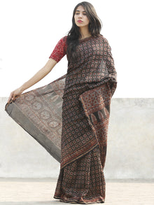 Black Grey Maroon Chanderi Silk Ajrakh Hand Block Printed Saree With Zari Border - S031702634