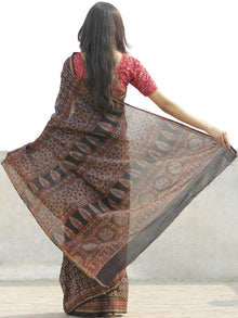 Black Grey Maroon Chanderi Silk Ajrakh Hand Block Printed Saree With Zari Border - S031702634