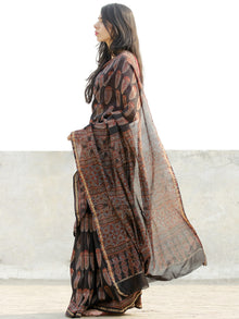 Black Grey Maroon Chanderi Silk Ajrakh Hand Block Printed Saree With Zari Border - S031702635