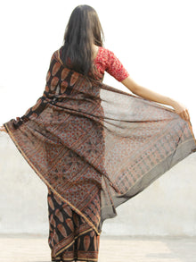 Black Grey Maroon Chanderi Silk Ajrakh Hand Block Printed Saree With Zari Border - S031702635
