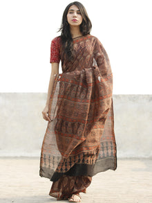 Brown Black Red Chanderi Silk Ajrakh Hand Block Printed Saree With Zari Border - S031702637
