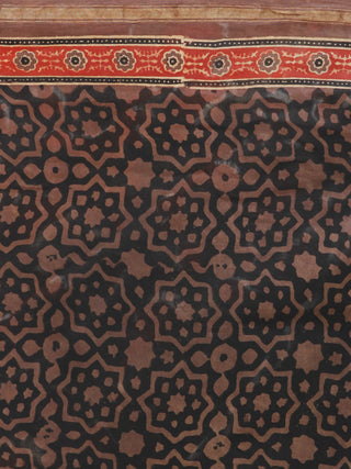 Brown Black Red Chanderi Silk Ajrakh Hand Block Printed Saree With Zari Border - S031702637