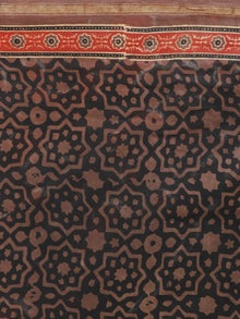 Brown Black Red Chanderi Silk Ajrakh Hand Block Printed Saree With Zari Border - S031702637