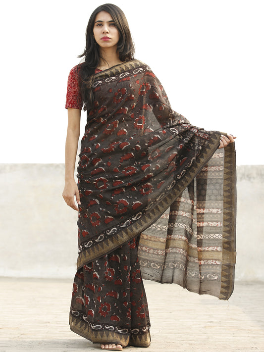 Brown Black Red Chanderi Silk Hand Block Printed Saree With Geecha Border - S031702638