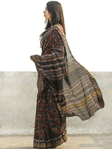 Brown Black Red Chanderi Silk Hand Block Printed Saree With Geecha Border - S031702638