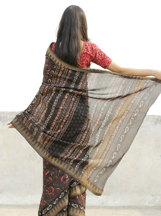 Brown Black Red Chanderi Silk Hand Block Printed Saree With Geecha Border - S031702638