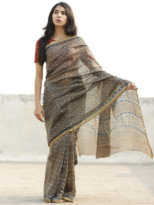 Brown White Chanderi Silk Ajrakh Hand Block Printed Saree With Zari Border - S031702639