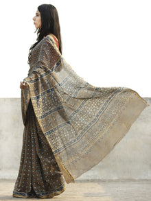 Brown White Chanderi Silk Ajrakh Hand Block Printed Saree With Zari Border - S031702639