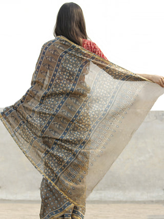 Brown White Chanderi Silk Ajrakh Hand Block Printed Saree With Zari Border - S031702639