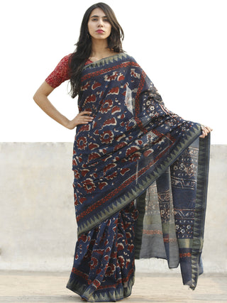 Indigo Black Red Chanderi Silk Hand Block Printed Saree With Geecha Border - S031702640