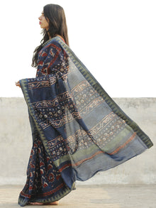 Indigo Black Red Chanderi Silk Hand Block Printed Saree With Geecha Border - S031702640