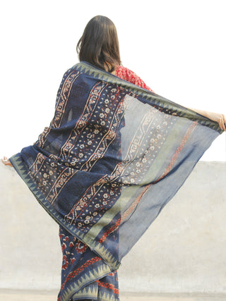 Indigo Black Red Chanderi Silk Hand Block Printed Saree With Geecha Border - S031702640