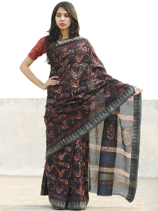 Indigo Red Ivory Chanderi Silk Hand Block Printed Saree With Geecha Border - S031702642