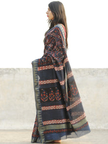 Indigo Red Ivory Chanderi Silk Hand Block Printed Saree With Geecha Border - S031702642