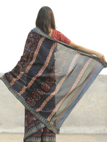 Indigo Red Ivory Chanderi Silk Hand Block Printed Saree With Geecha Border - S031702642