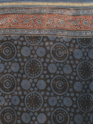 Indigo Red Black Chanderi Silk Ajrakh Hand Block Printed Saree With Zari Border - S031702651