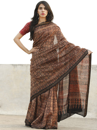 Rust Grey Black Chanderi Silk Ajrakh Hand Block Printed Saree With Geecha Border - S031702648