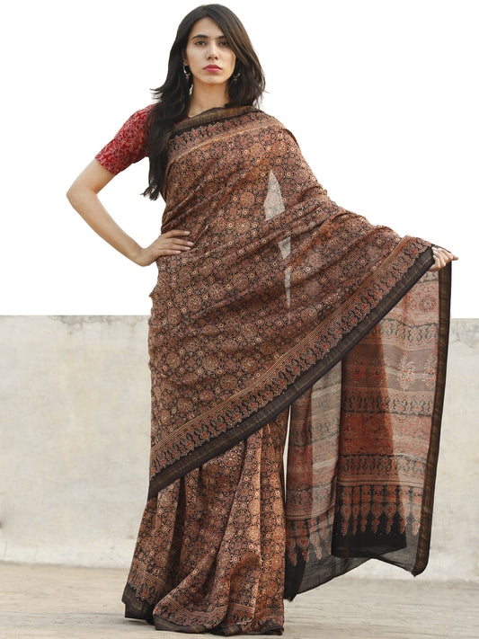 Rust Grey Black Chanderi Silk Ajrakh Hand Block Printed Saree With Geecha Border - S031702648
