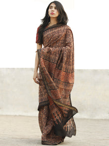 Rust Grey Black Chanderi Silk Ajrakh Hand Block Printed Saree With Geecha Border - S031702648