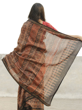 Rust Grey Black Chanderi Silk Ajrakh Hand Block Printed Saree With Geecha Border - S031702648