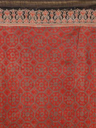 Rust Grey Black Chanderi Silk Ajrakh Hand Block Printed Saree With Geecha Border - S031702648