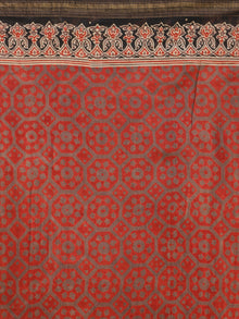 Rust Grey Black Chanderi Silk Ajrakh Hand Block Printed Saree With Geecha Border - S031702648