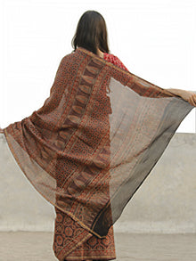 Brown Red Black Chanderi Silk Ajrakh Hand Block Printed Saree With Zari Border - S031702650