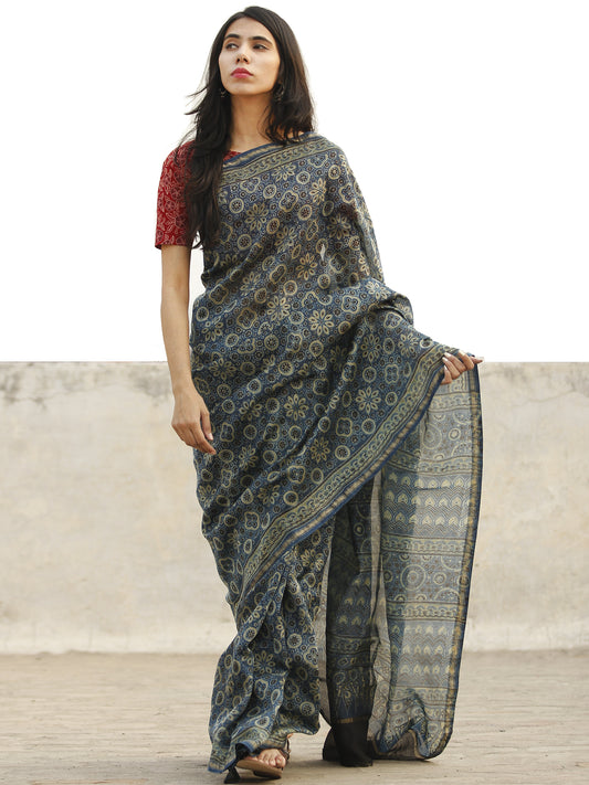 Teal Blue Ivory Black Chanderi Silk Ajrakh Hand Block Printed Saree With Zari Border - S031702652