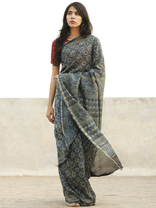 Teal Blue Ivory Black Chanderi Silk Ajrakh Hand Block Printed Saree With Zari Border - S031702652