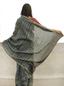 Teal Blue Ivory Black Chanderi Silk Ajrakh Hand Block Printed Saree With Zari Border - S031702652