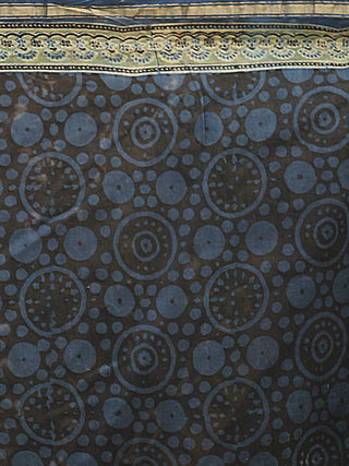 Teal Blue Ivory Black Chanderi Silk Ajrakh Hand Block Printed Saree With Zari Border - S031702652