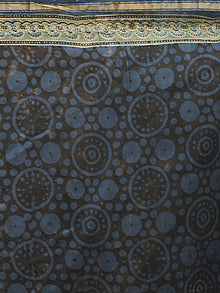 Teal Blue Ivory Black Chanderi Silk Ajrakh Hand Block Printed Saree With Zari Border - S031702652
