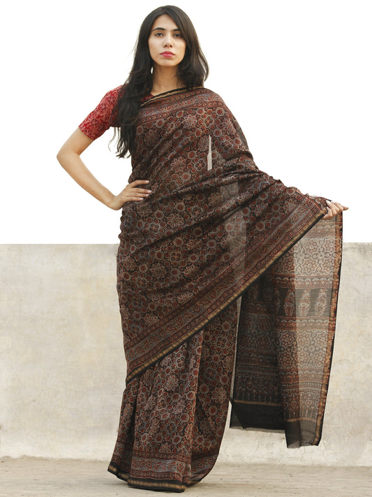 Chocolate Brown Ivory Maroon Chanderi Silk Hand Block Printed Saree With Geecha Border - S031702653
