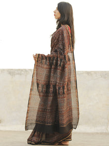 Chocolate Brown Ivory Maroon Chanderi Silk Hand Block Printed Saree With Geecha Border - S031702653