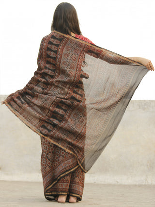 Chocolate Brown Ivory Maroon Chanderi Silk Hand Block Printed Saree With Geecha Border - S031702653