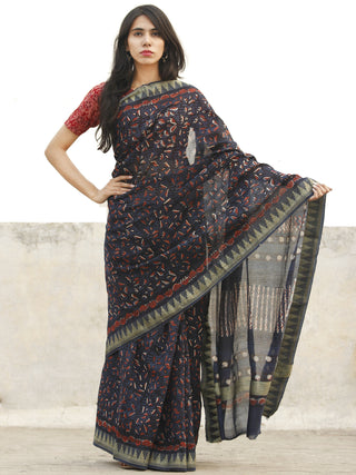 Indigo Black Maroon Chanderi Silk Ajrakh Hand Block Printed Saree With Geecha Border - S031702654