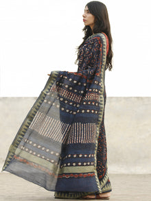 Indigo Black Maroon Chanderi Silk Ajrakh Hand Block Printed Saree With Geecha Border - S031702654