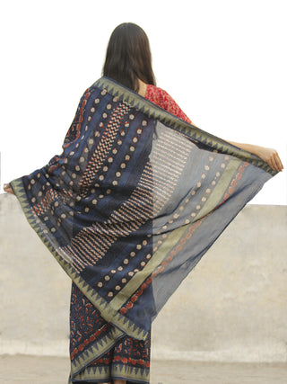 Indigo Black Maroon Chanderi Silk Ajrakh Hand Block Printed Saree With Geecha Border - S031702654