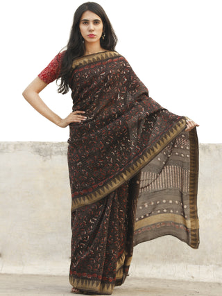 Chocolate Brown Maroon Black Chanderi Silk Hand Block Printed Saree With Geecha Border - S031702655