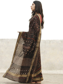 Chocolate Brown Maroon Black Chanderi Silk Hand Block Printed Saree With Geecha Border - S031702655