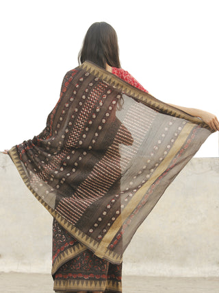 Chocolate Brown Maroon Black Chanderi Silk Hand Block Printed Saree With Geecha Border - S031702655