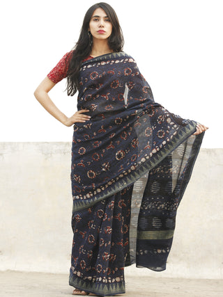 Indigo Black Maroon Chanderi Silk Ajrakh Hand Block Printed Saree With Geecha Border - S031702656