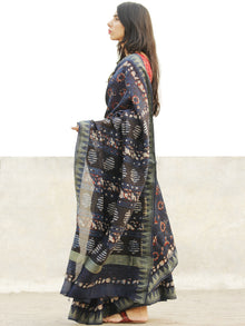 Indigo Black Maroon Chanderi Silk Ajrakh Hand Block Printed Saree With Geecha Border - S031702656