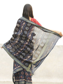 Indigo Black Maroon Chanderi Silk Ajrakh Hand Block Printed Saree With Geecha Border - S031702656
