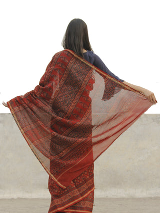 Cherry Red  Chanderi Silk Ajrakh Hand Block Printed Saree With Zari Border - S031702657
