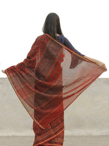 Cherry Red  Chanderi Silk Ajrakh Hand Block Printed Saree With Zari Border - S031702657