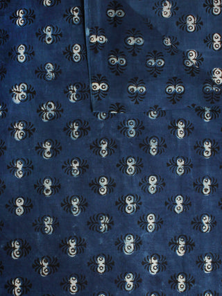 Indigo Beige Hand Block Printed Cotton Cambric Fabric Per Meter - F0916393